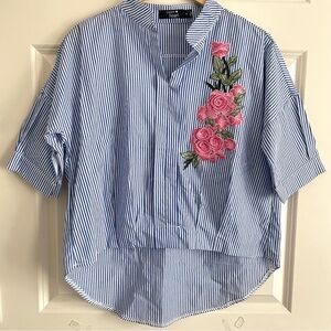 Paper Heart Blue Striped Women's Tunic Pink Floral Embroidery